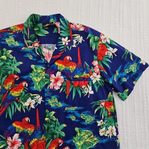 Royal Creations Hawaiian Shirt Men's XL Royal Blue Parrots Made in Hawaii EUC LN - Picture 3 of 13